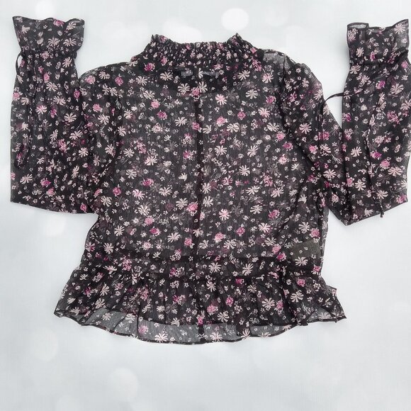 BCBGeneration Sheer Floral Print Chiffon Smocked Top In Black Size XS - Picture 2 of 8